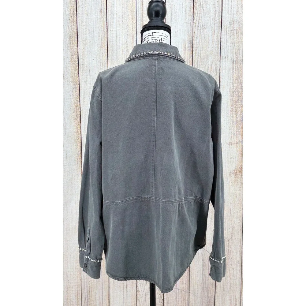Zara XL Gray Denim Embellished Utility Jacket Crystal Stud Collar Pockets‎ NWT